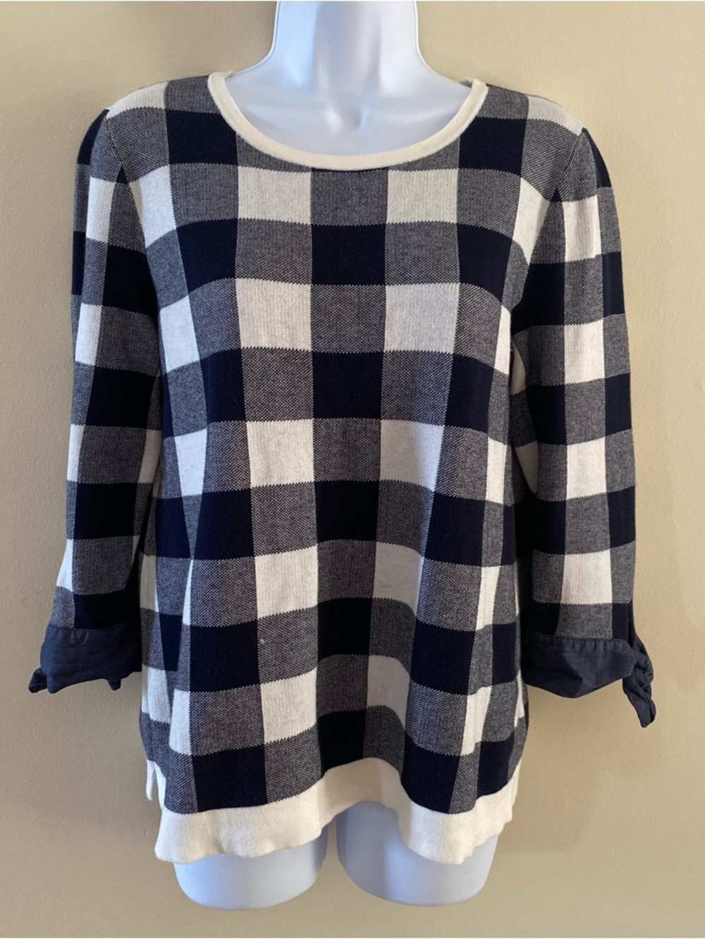 Talbots Women’s Medium Navy Blue White Buffalo Plaid Top Tie Sleeve 3/4 Sleeve